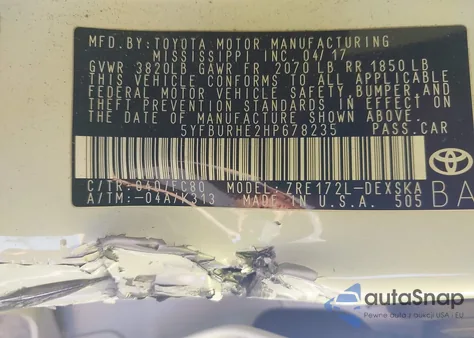 2017 Toyota Corolla Se from USA, damaged, VIN 5YFBURHE2HP678235